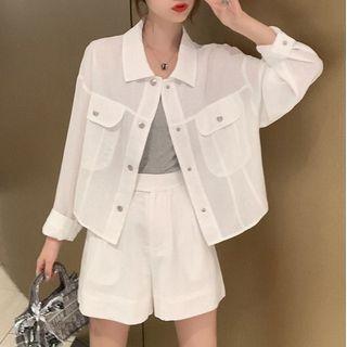 Plain Long-sleeve Shirt / Wide-leg Shorts