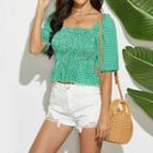 Short-sleeve Check Shirred Frill Trim Blouse
