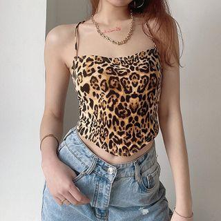 Tie-strap Leopard Print Cropped Camisole Top Khaki - One Size