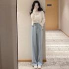 Set: Lace-trim Camisole Top + Plain Cardigan + Pants