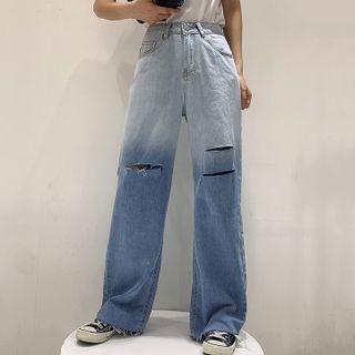 High-waist Gradient Ripped Denim Wide-leg Pants