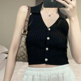 Lapel Halter-neck Cable-knit Top