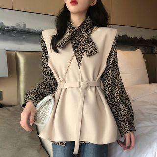 Set: Leopard Print Blouse + Plain Vest