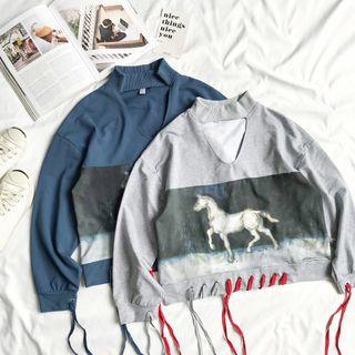 Print Tassel V-neck Long-sleeve Top