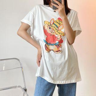 Short-sleeve Round-neck Rabbit Print Top