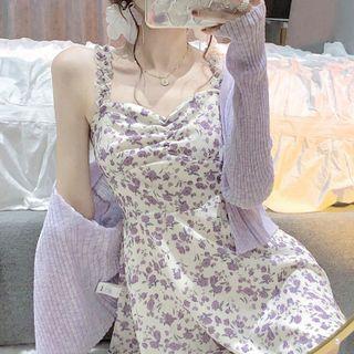 Ruffle Strap Floral Print A-line Dress / Ribbed Cardigan