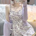 Ruffle Strap Floral Print A-line Dress / Ribbed Cardigan