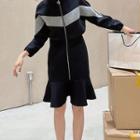 Long-sleeve Two-tone Ruffle Hem Shift Dress