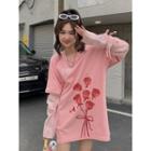Set: Long-sleeve Drawstring Sheer Top + Elbow-sleeve Floral Print T-shirt Set - Pink - One Size