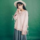 Bow Long-sleeved Color Block Loose-fit Crewneck Strappy Sweatshirt
