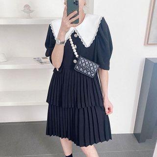 Elbow Sleeve Lace Trim Collar Pleated Layered A-line Dress