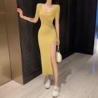 Side-slit U-neck Bodycon Dress