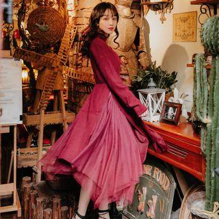 Set: Mock-neck Long-sleeve Knit Top + Mesh Skirt
