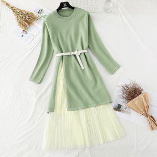 Set: Slit-side Knit Dress + Mesh Midi Skirt