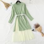 Set: Slit-side Knit Dress + Mesh Midi Skirt