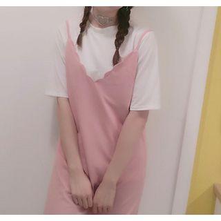 Set: Plain Short-sleeve T-shirt + Spaghetti-strap Dress
