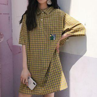 Elbow-sleeve Cartoon Embroidered Plaid Shirtdress