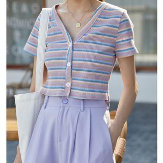 Striped V-neck Short-sleeve Cropped Cardigan