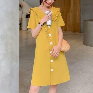 Short-sleeve Frill Trim Buttoned A-line Dress