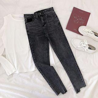 Asymmetric Frayed High-waist Cropped Jeans