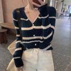 Long Sleeve V-neck Stripe Knit Cardigan