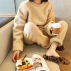 Set: Round-neck Faux-fur Pullover + Band-waist Pants Beige - One Size