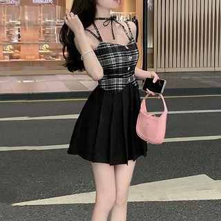 Spaghetti-strap Plaid Panel Mini A-line Dress