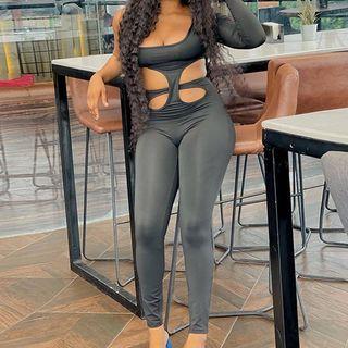 Long-sleeve One-shoulder Cutout Jumpsuit