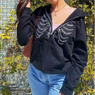 Long Sleeve Bone Rhinestone Zip-up Jacket