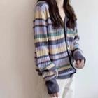 Striped V-neck Knit Cardigan As Shown In Figure - One Size