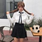 Tie-neck Shirt / Mini A-line Skirt