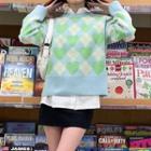 Round Neck Argyle & Heart Long Sleeve Knit Top