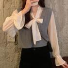 Ribbon Bell-sleeve Blouse / Cable Knit Vest