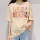 Elbow-sleeve Print T-shirt Light Yellow - One Size