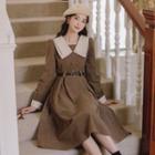 Long-sleeve Collared Belted Midi A-line Corduroy Dress