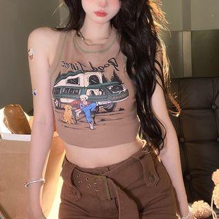 Printed Crop Tank Top Coffee - One Size