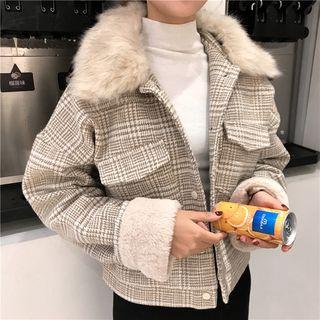Faux Fur Collar Plaid Button Jacket