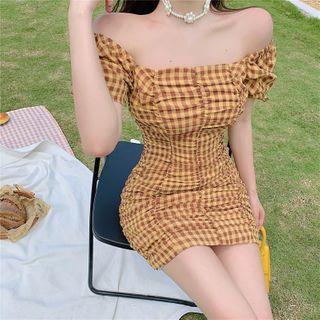 Puff-sleeve Shirred Mini Bodycon Dress