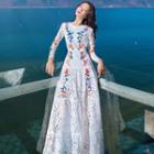 Long-sleeve Embroidered A-line Maxi Lace Dress