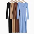 Long-sleeve V-neck Slit Midi Dress