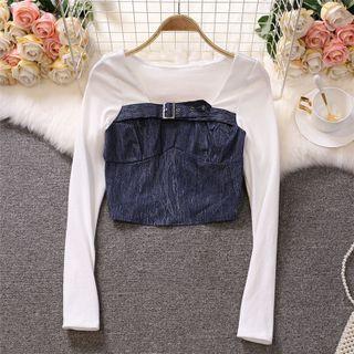 Long-sleeve Denim Buckled Top