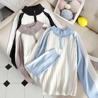 Color Panel Long-sleeve Zip Knit Top
