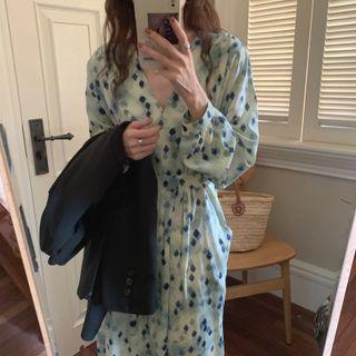 Long-sleeve Print Maxi Smock Dress Blue - One Size