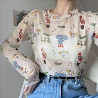 Long-sleeve Graphic Print Mesh T-shirt As Shown In Figure - One Size