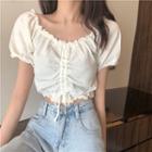 Puff-sleeve Ruffle Trim Drawstring Knit Crop Top