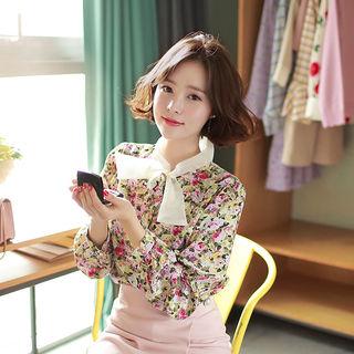 Contrast- Tie-neck Floral Blouse