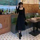 Long-sleeve Shirred Midi A-line Mesh Dress