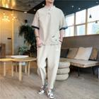 Set: Frog-button Elbow-sleeve Top + Straight-cut Pants