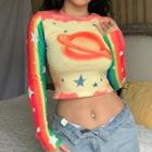 Color Block Planet Print Copped T-shirt