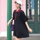 Color Block Elbow-sleeve Polo Shirt Dress As Shown In Figure - One Size